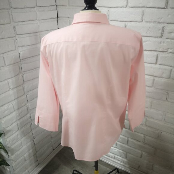 Lands' End Ladies No Iron Pinpoint Oxford 3/4 Length Sleeves Pink Shirt - Picture 2 of 10